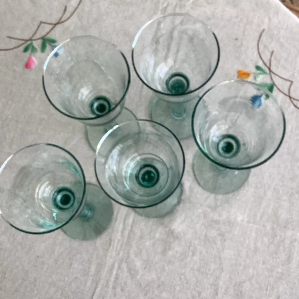 Vintage La Mediterranea Water Wine Handblown 5 Glasses Sea Green Tint Verde